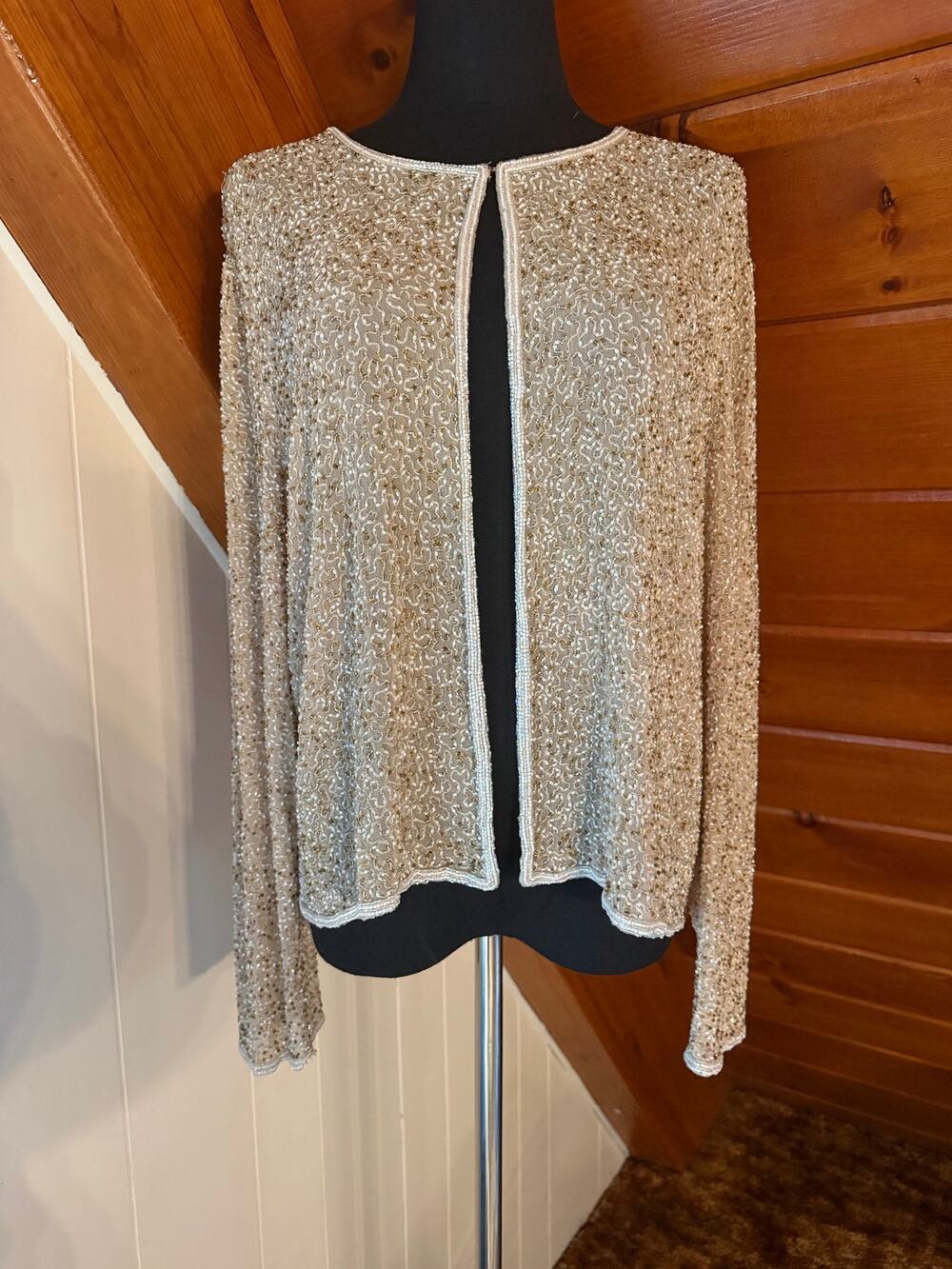 Vintage 90s Adrianna Papell Evening Champagne Beaded Silk Open-Front Jacket sz M